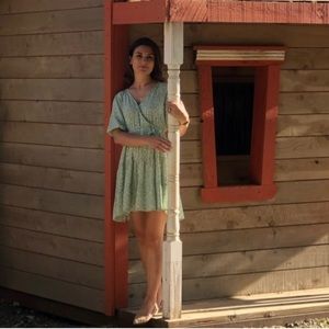 light green with white ivory flowers short sleeve tiered ruffle dress